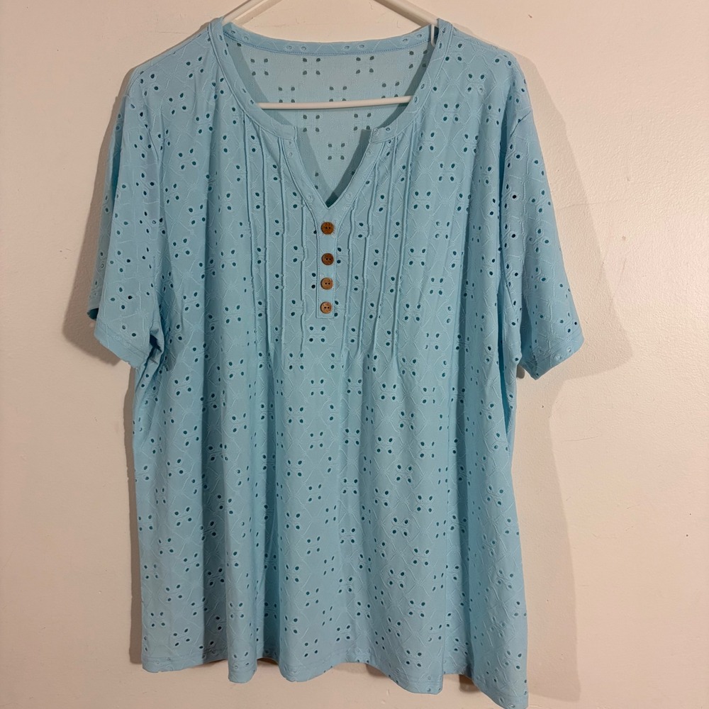 Unbranded Eyelet Blouse Women 3XL Blue Short Sleeve Henley Pintuck TOP